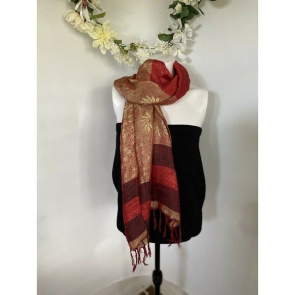 Vintage Shiny Scarf Shawl with Fringe Woman's Red Gold Rectangular Scarf 60"X24" - Picture 8 of 10